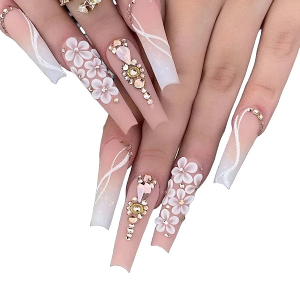 24Pcs Artifcial False Nails with Glue Fake Nail Tips with Heart Designs Detachable Press on Nails XLong Finished False Nails tip