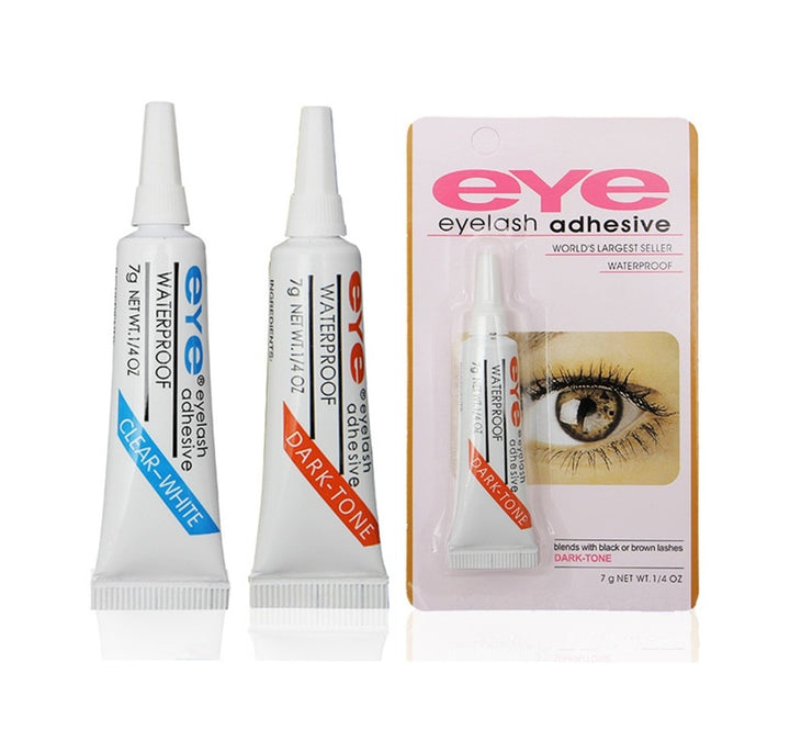 Eyelash adhesive: a small tube with a strong glue used to attach false eyelashes for a longer-lasting and enhanced eye makeup look.