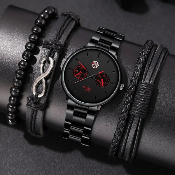 5PCS Set Fashion Mens Bracelet Watches Luxury Men Stainless Steel Quartz Watch Male Casual Wristwatch