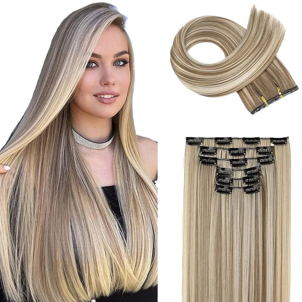 Hair Extensions 24" 60cm 6pcs set Long Straight Synthetic Full Head Clip 16 Clips  Ombre  Heat Resistant Fiber