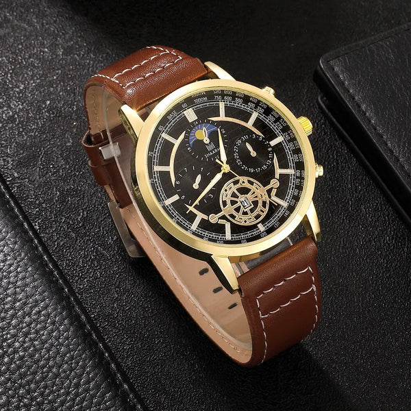 4PCS Set Men Watch Luxury Bracelet Set Fashion Business Brown Leather Quartz Wrist Watches for Men Gift Set