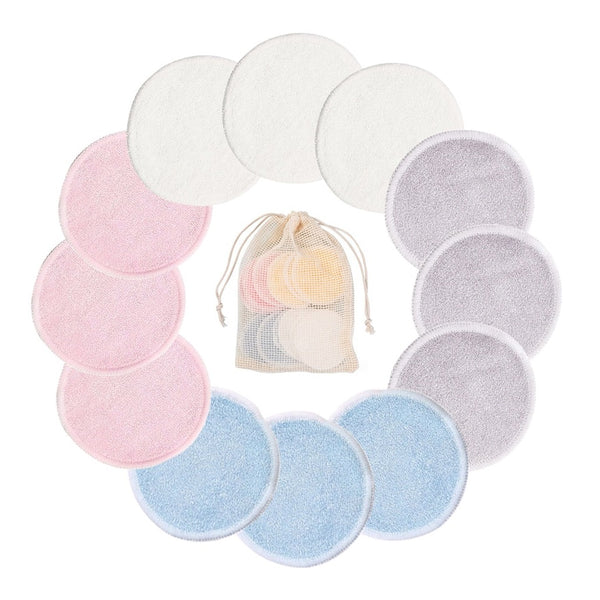 Reusable Bamboo Fiber Makeup Remover Pads 12pcs/Pack Washable Rounds Cleansing Facial Cotton Make Up Removal Pads Tool