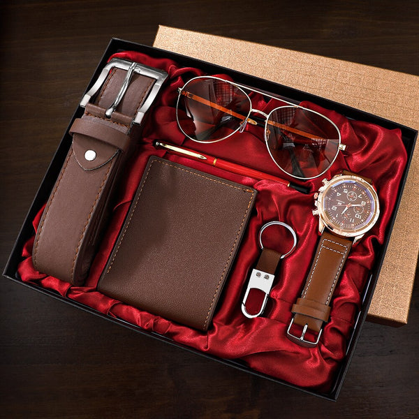 Men Gift Watch Business Luxury Company Mens Set 6 in 1 Watch Glasses Pen Keychain Belt Purse